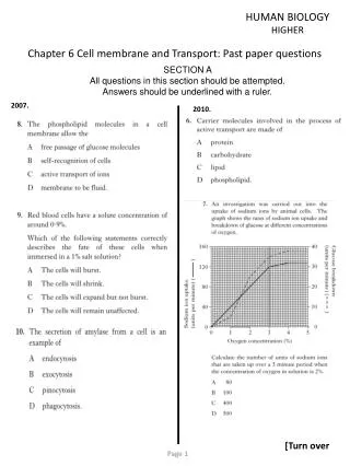 Chapter 6 Cell membrane and Transport: Past paper questions