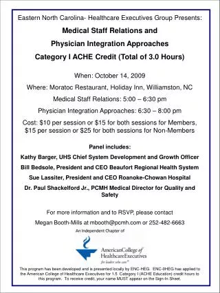 Eastern North Carolina- Healthcare Executives Group Presents: Medical Staff Relations and