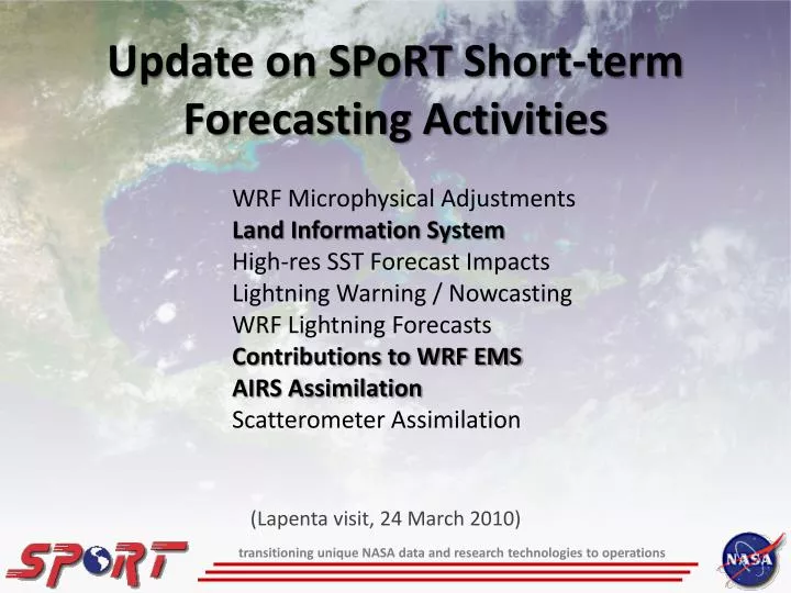 update on sport short term forecasting activities