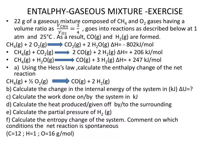 entalphy gaseous mixture exercise