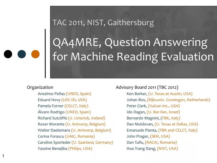 tac 2011 nist gaithersburg qa4mre question answering for machine reading evaluation