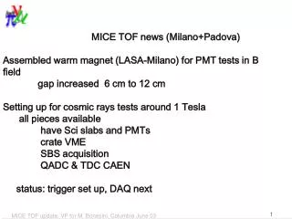 MICE TOF news (Milano+Padova)