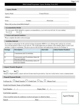 Hello Ireland Programme: Agency Booking Form 2012