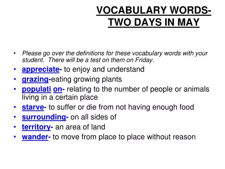 vocabulary words two days in may