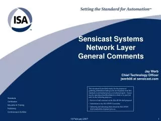 Sensicast Systems Network Layer General Comments