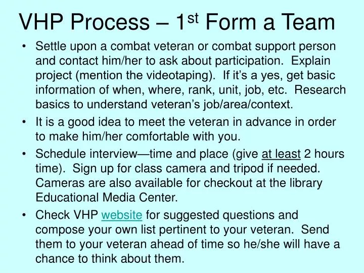 vhp process 1 st form a team