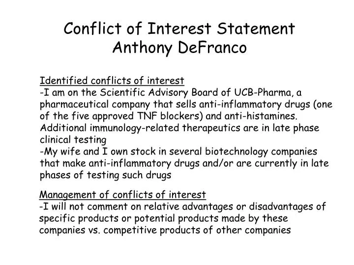 conflict of interest statement anthony defranco