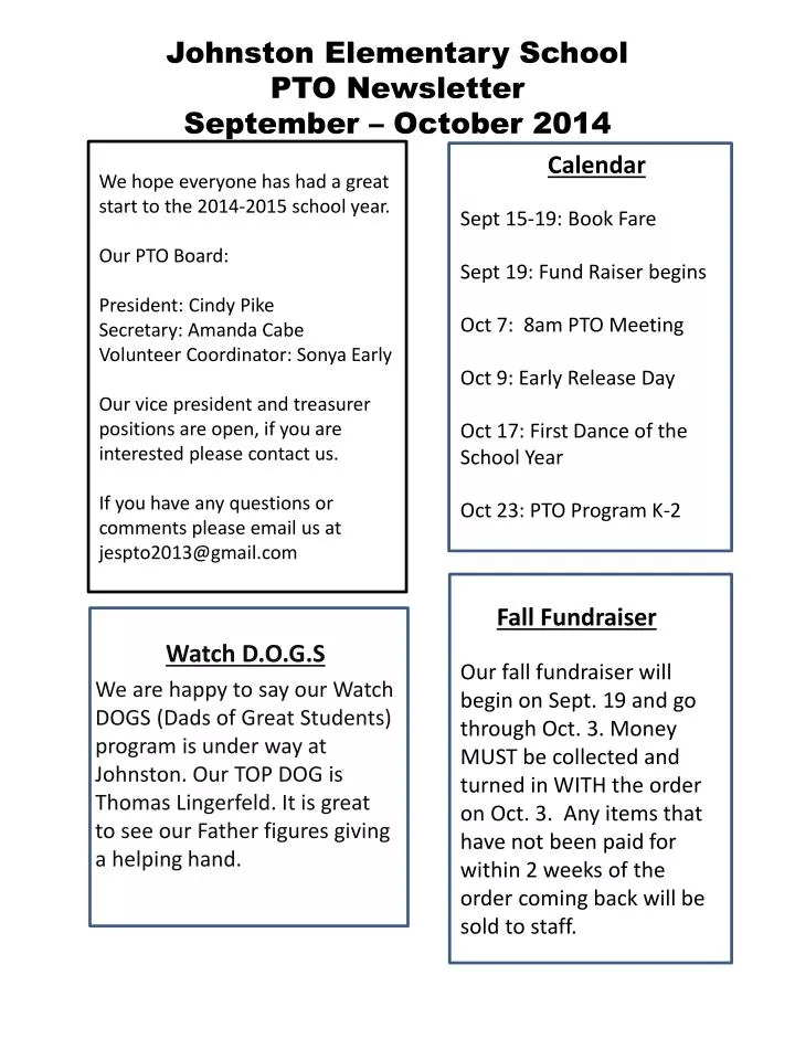 johnston elementary school pto newsletter september october 2014