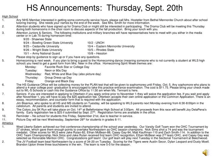 hs announcements thursday sept 20th