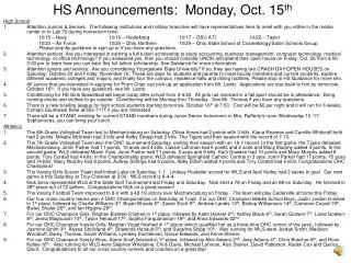 HS Announcements: Monday, Oct. 15 th