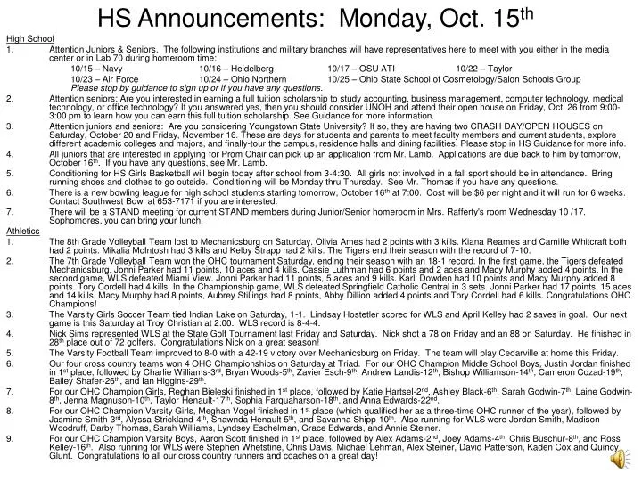 hs announcements monday oct 15 th