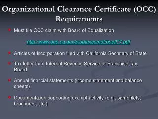 Organizational Clearance Certificate (OCC) Requirements
