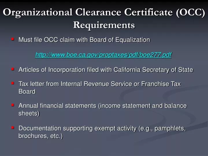 organizational clearance certificate occ requirements