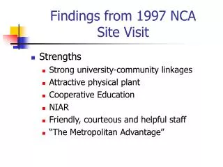 Findings from 1997 NCA Site Visit