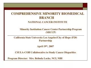 COMPREHENSIVE MINORITY BIOMEDICAL BRANCH NATIONAL CANCER INSTITUTE