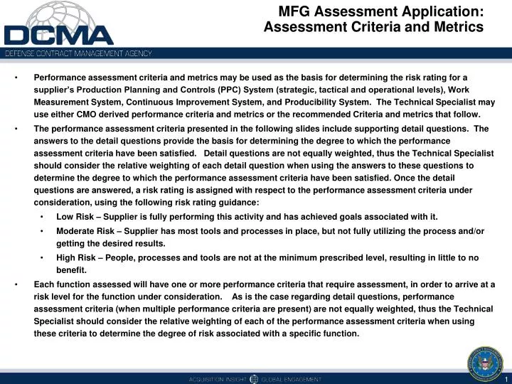 mfg assessment application assessment criteria and metrics