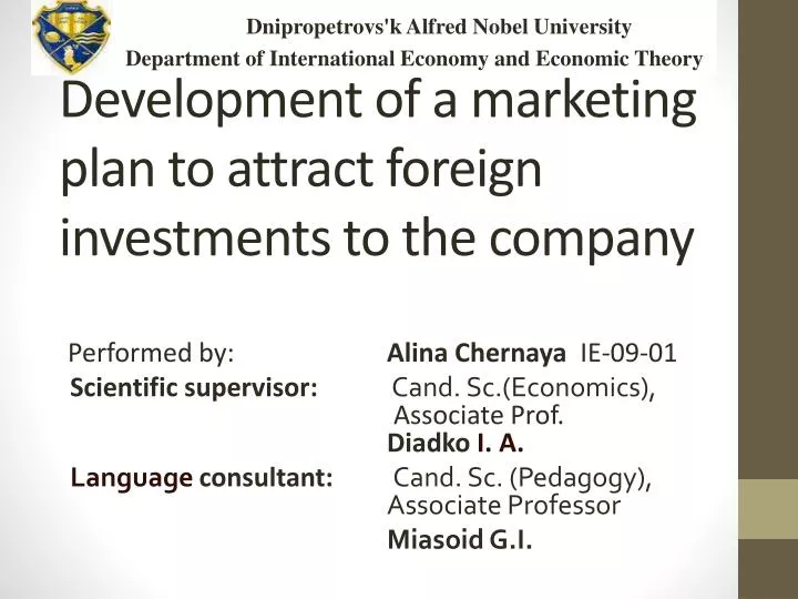 development of a marketing plan to attract foreign investments to the company