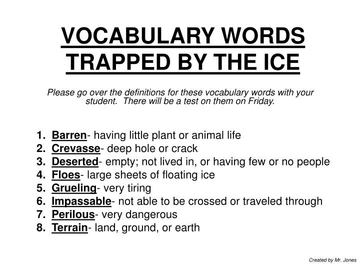 vocabulary words trapped by the ice