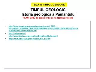 TIMPUL GEOLOGIC Istoria geologica a Pamantului PLAN- GHID pe baza caruia se va realiza proiectul