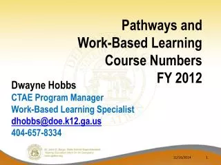 Pathways and Work-Based Learning Course Numbers FY 2012