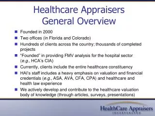 Healthcare Appraisers General Overview