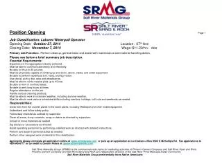 Position Opening Page 1 Job Classification: Laborer/ Waterpull Operator