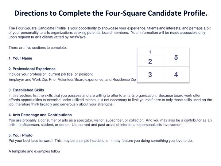 directions to complete the four square candidate profile