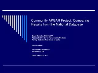 Community APGAR Project: Comparing Results from the National Database