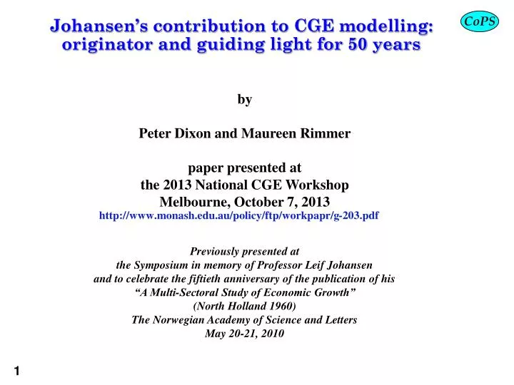 johansen s contribution to cge modelling originator and guiding light for 50 years