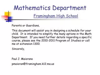 Mathematics Department Framingham High School