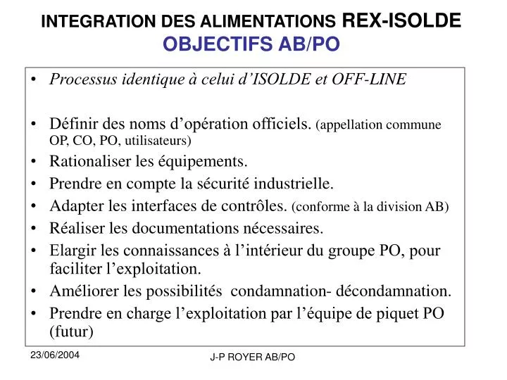 integration des alimentations rex isolde objectifs ab po