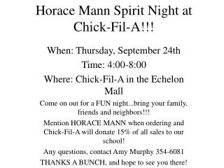 Horace Mann Spirit Night at Chick-Fil-A!!!