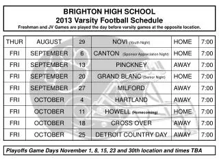 Playoffs Game Days November 1, 8, 15, 23 and 30th location and times TBA