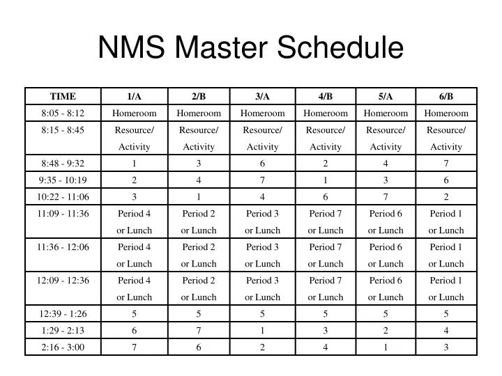 nms master schedule