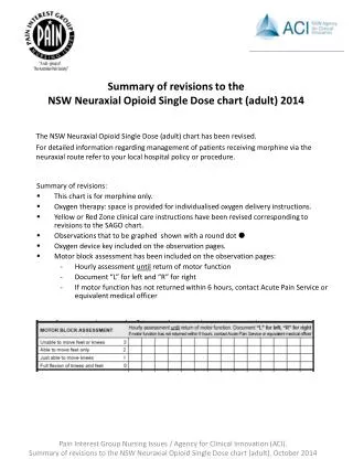 Summary of revisions to the NSW Neuraxial Opioid Single Dose chart (adult) 2014