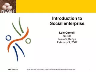 Introduction to Social enterprise Loic Comolli NESsT Nairobi, Kenya February 9, 2007