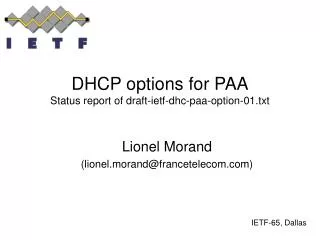 DHCP options for PAA Status report of draft-ietf-dhc-paa-option-01.txt