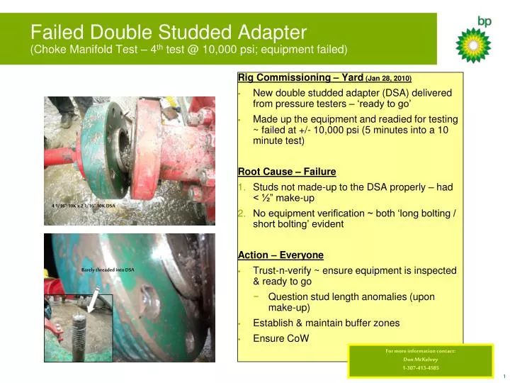 failed double studded adapter choke manifold test 4 th test @ 10 000 psi equipment failed
