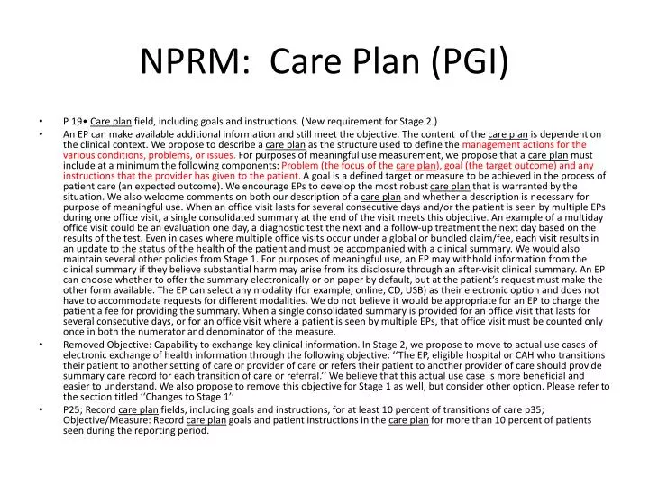 nprm care plan pgi