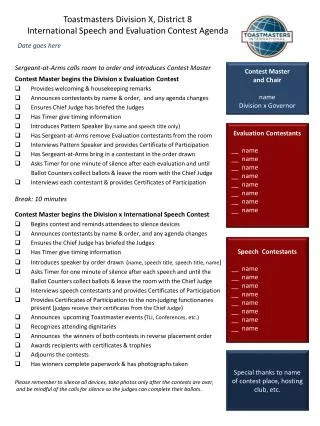 Toastmasters Division X, District 8 International Speech and Evaluation Contest Agenda