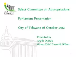 Select Committee on Appropriations Parliament Presentation City of Tshwane 16 October 2012