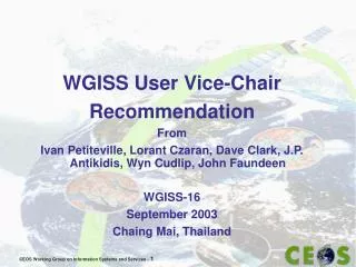 WGISS User Vice-Chair Recommendation From