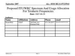 Proposed ITU/WRC Spectrum And Usage Allocation For Terahertz Frequencies