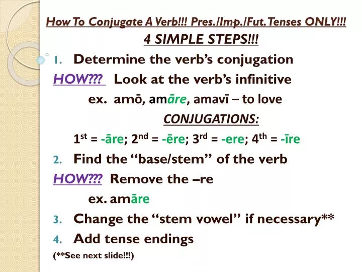 how to conjugate a verb pres imp fut tenses only