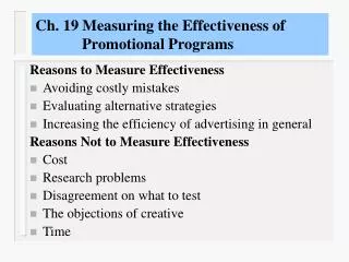 Ch. 19 Measuring the Effectiveness of Promotional Programs