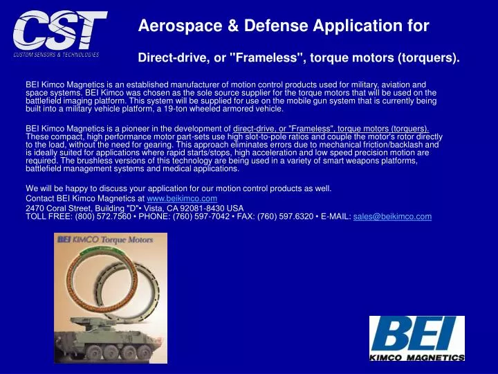 aerospace defense application for direct drive or frameless torque motors torquers