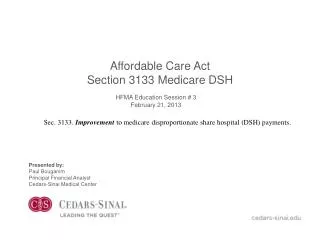 Affordable Care Act Section 3133 Medicare DSH