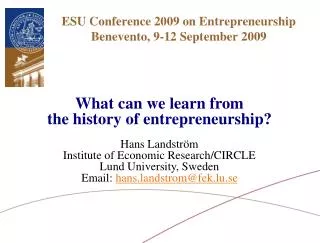 ESU Conference 2009 on Entrepreneurship Benevento, 9-12 September 2009