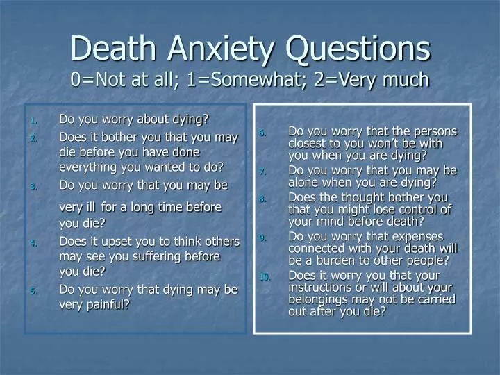 death anxiety questions 0 not at all 1 somewhat 2 very much