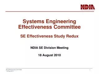 Systems Engineering Effectiveness Committee SE Effectiveness Study Redux
